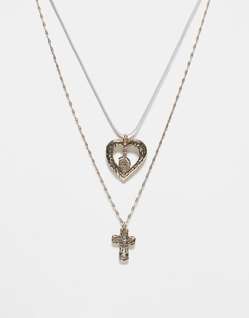 Reclaimed Vintage - Unisex - Halskæde med 2 kæder med kors og hjerte