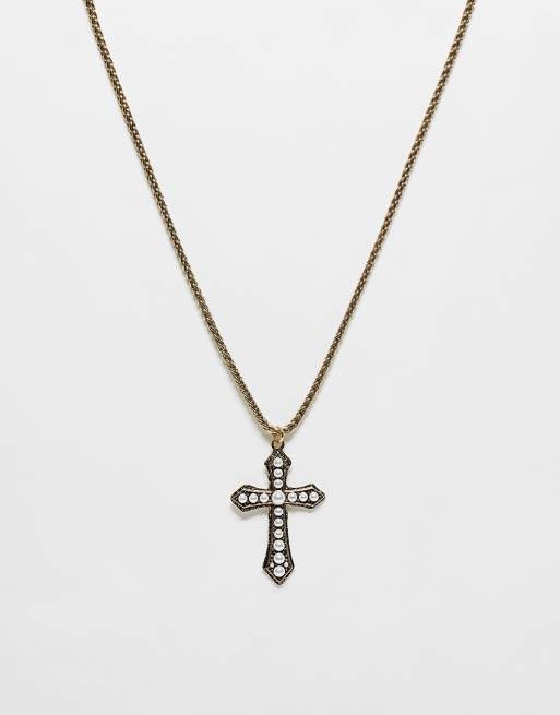 Reclaimed Vintage – Unisex-Halskette in Goldoptik mit perlenbesetztem Kreuzanhänger