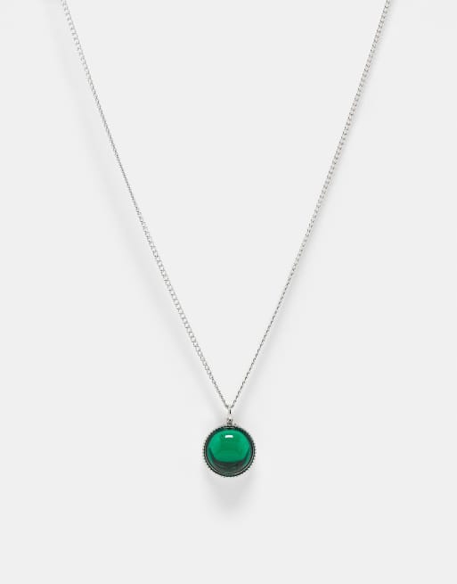 Reclaimed Vintage – Unisex-Halskette in Silberoptik mit grünem Steinanhänger