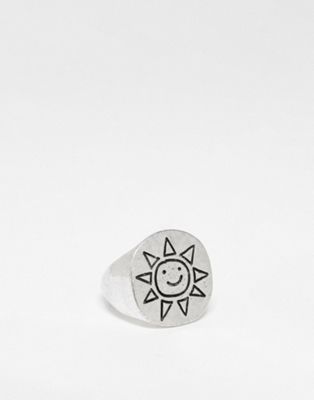 Reclaimed Vintage unisex happy sun signet ring in silver