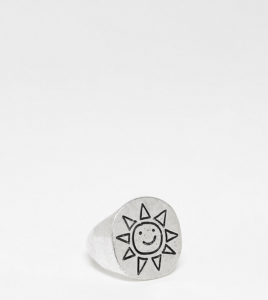 Reclaimed Vintage unisex happy sun signet ring in silver