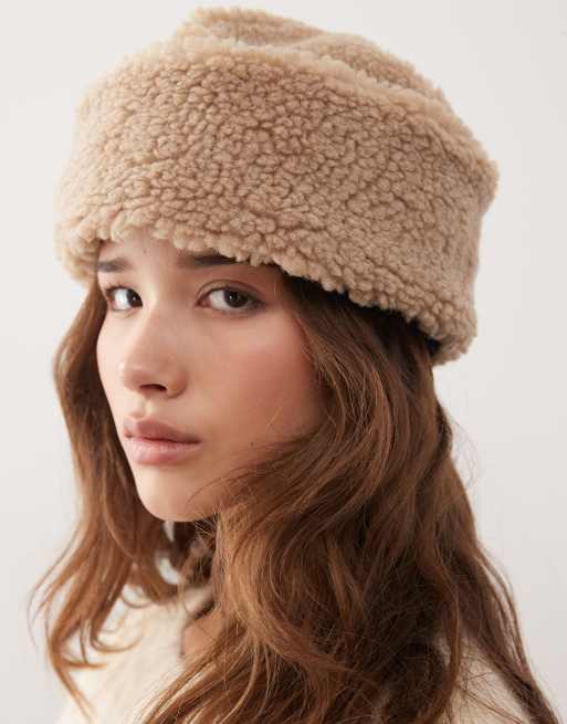 Reclaimed Vintage unisex hat with turn up in brown borg