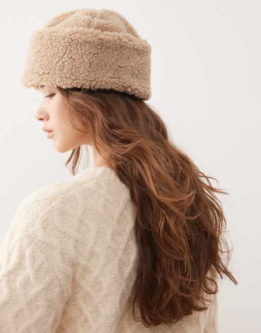 Reclaimed Vintage unisex hat with turn up in brown borg