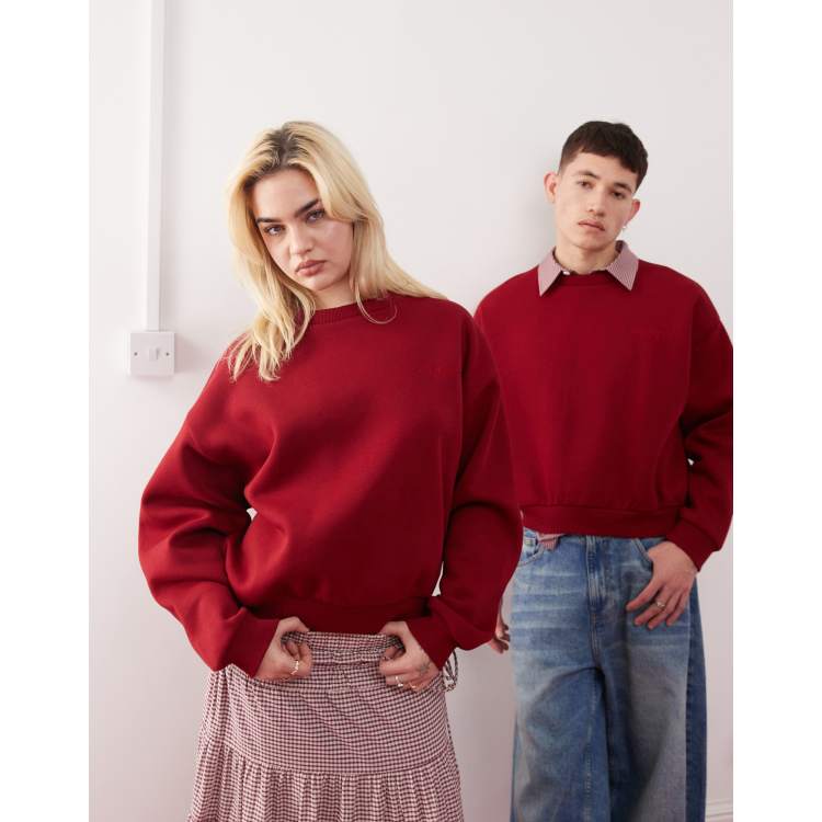 Reclaimed Vintage unisex heavyweight cropped boxy sweatshirt in burgundy ASOS