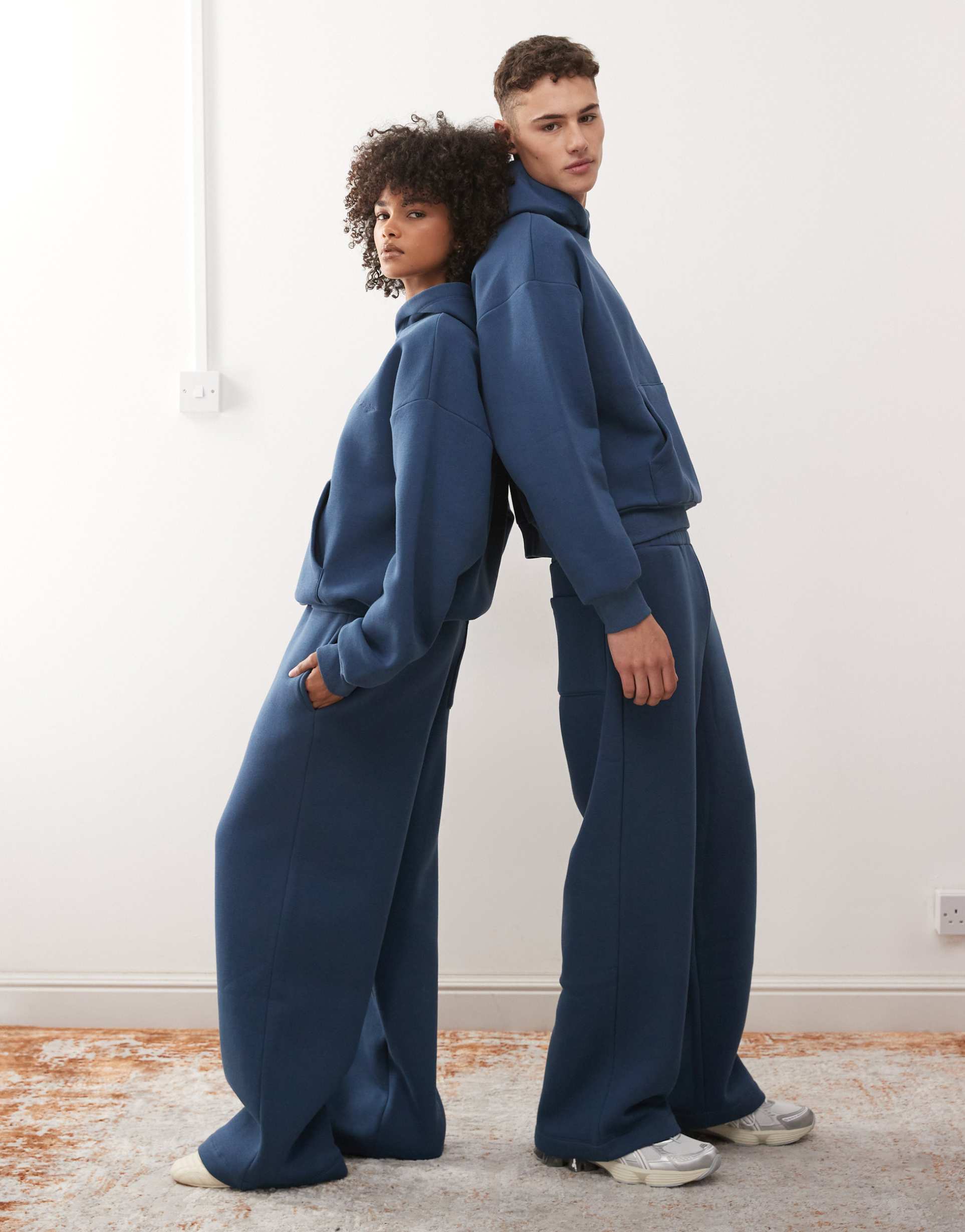 reclaimed vintage unisex heavyweight wide leg sweatpants in navy blue - part of a set