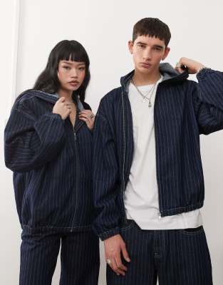 unisex hooded denim jacket in indigo pinstripe - part of a set-Blue