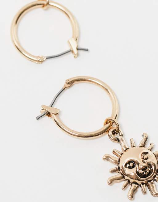 Reclaimed Vintage unisex huggie hoop drop earrings with sun and moon, 2 of 3