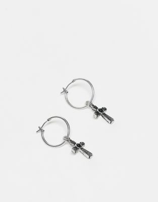 Reclaimed Vintage Reclaimed Vintage unisex huggie hoop earrings with cross in burnished silver