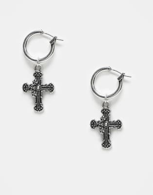 Reclaimed Vintage Unisex Huggie Hoop Earrings With Hanging Crosses In Multi