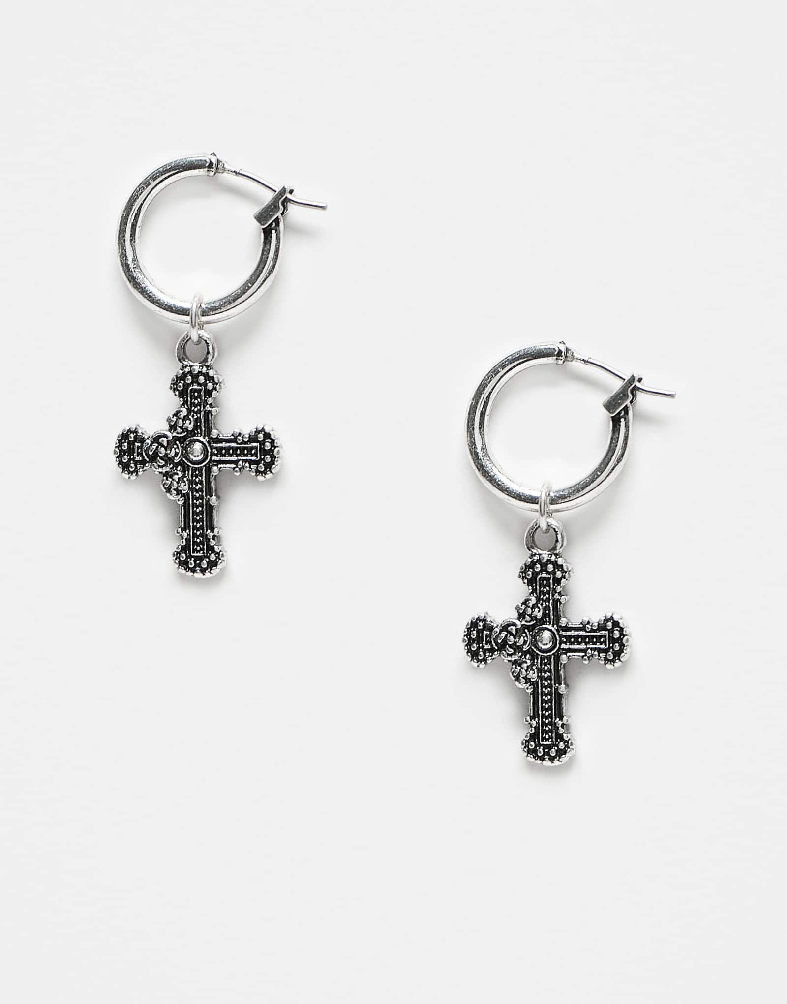 Восстановленные винтажные серьги-кольца унисекс huggie с подвесными крестиками серебристого оттенка