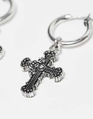 Reclaimed Vintage Unisex Huggie Hoop Earrings With Hanging Crosses In Multi
