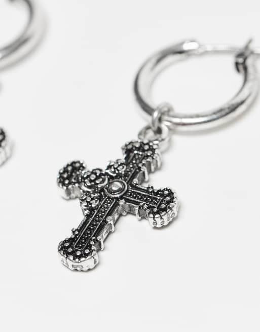 Reclaimed Vintage unisex huggie hoop hanging crosses in silver, 2 of 3