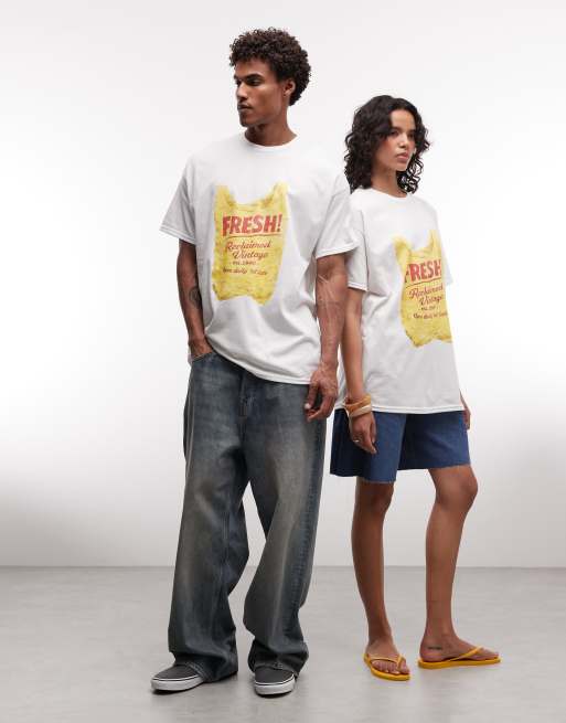 Reclaimed Vintage - Unisex - Hvid oversized T-shirt med "fresh"-bæreposeprint, 2 af 4