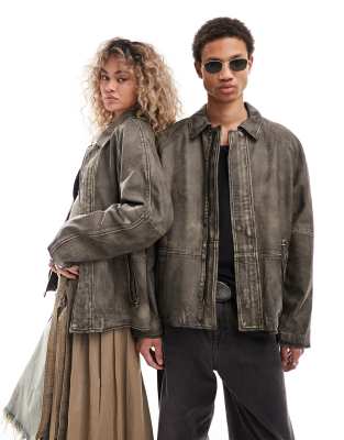 Reclaimed Vintage - Unisex-Jacke aus Echtleder in verwaschenem Braun mit Reißverschluss-Brown