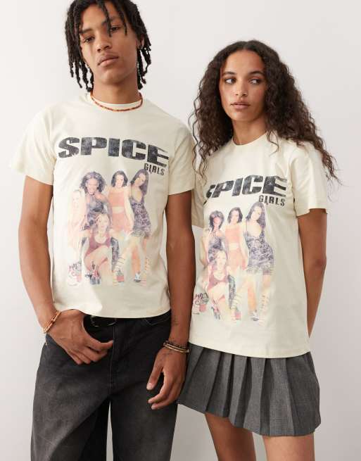 Reclaimed Vintage Unisex – Jasnożółty T-shirt o pudełkowym kroju z nadrukiem Spice Girls 