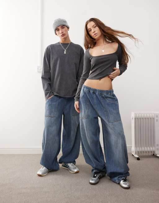 Reclaimed Vintage – Unisex-Jeans in Mittelblau mit elastischem Bund und Ballon-Schnitt