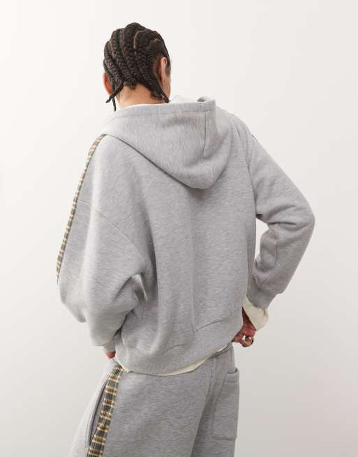 Reclaimed Vintage – Unisex-Kapuzenpullover in Grau meliert mit karierten Seitenstreifen, 3 von 4