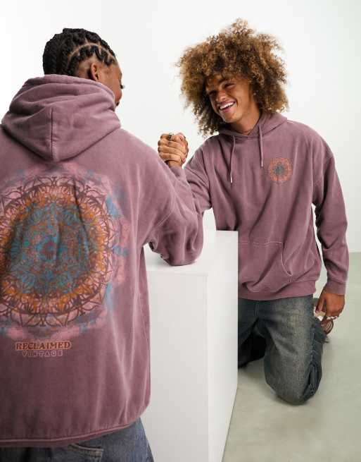 Reclaimed Vintage – Unisex-Kapuzenpullover in verwaschenem Burgunderrot mit Mandala-Rückenprint