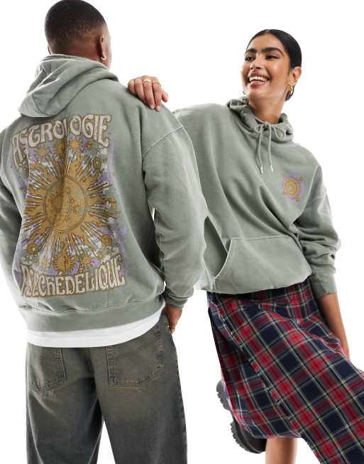 Reclaimed Vintage – Unisex-Kapuzenpullover in verwaschenem Khaki mit Himmelskörper-Print 