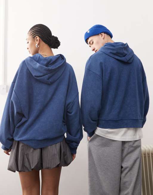 Reclaimed Vintage – Unisex-Kapuzenpullover in verwaschenem Marineblau mit Print, 3 von 4