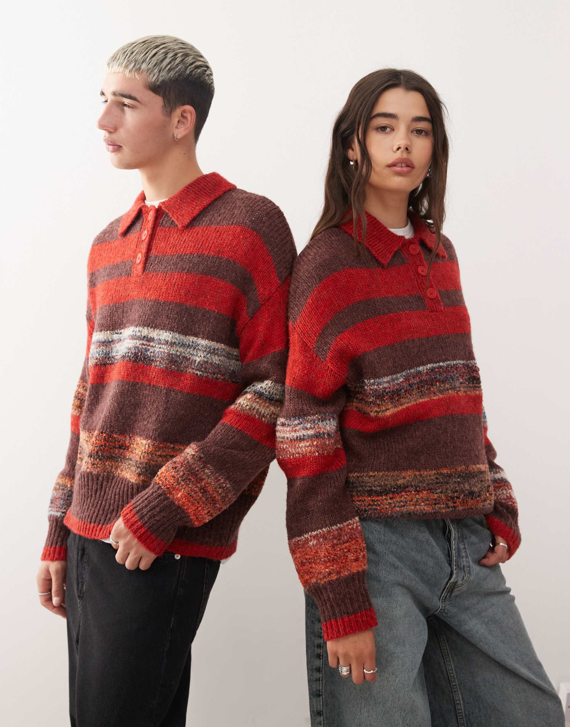 reclaimed vintage unisex knit polo sweater in red and brown stripes