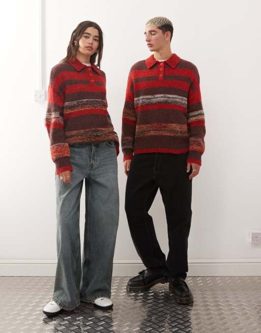 Reclaimed Vintage Unisex knit polo sweater in red and brown stripes