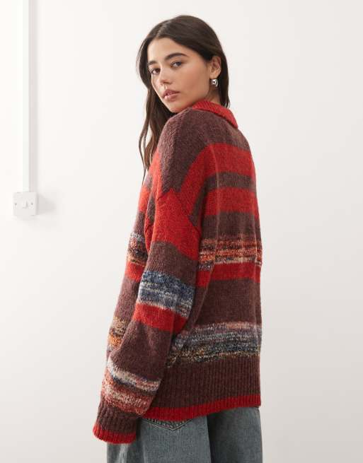 Reclaimed Vintage Unisex knit polo sweater in red and brown stripes