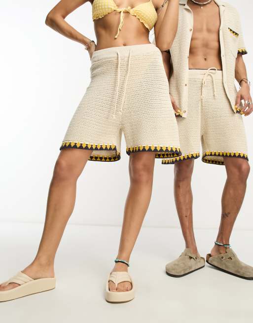 Reclaimed Vintage unisex knit shorts in neutral with trim