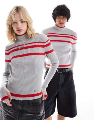 unisex knit top with red stripe-Gray