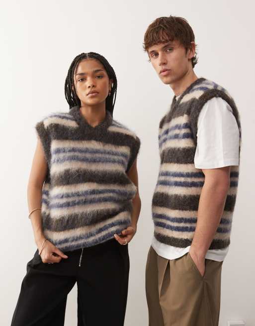 Reclaimed Vintage Unisex knit vest in navy, white and brown stripes