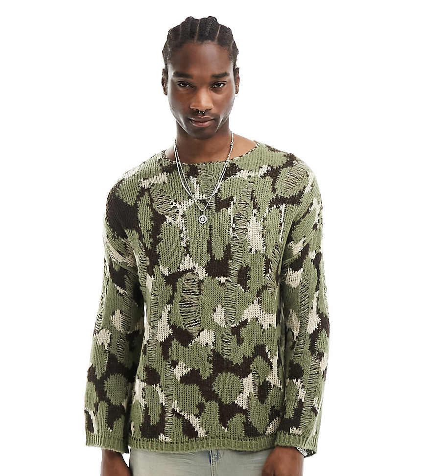 Reclaimed Vintage unisex knitted animal camo print jumper with distressing in khaki-Green