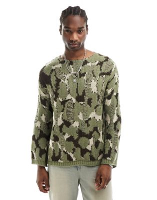 Reclaimed Vintage unisex knitted animal camo print jumper with distressing in khaki