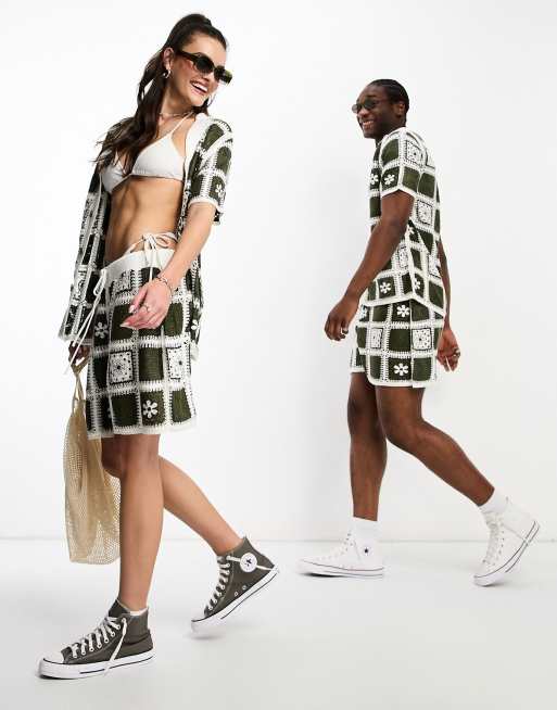 Reclaimed Vintage unisex knitted patchwork shorts in khaki (part of a set)