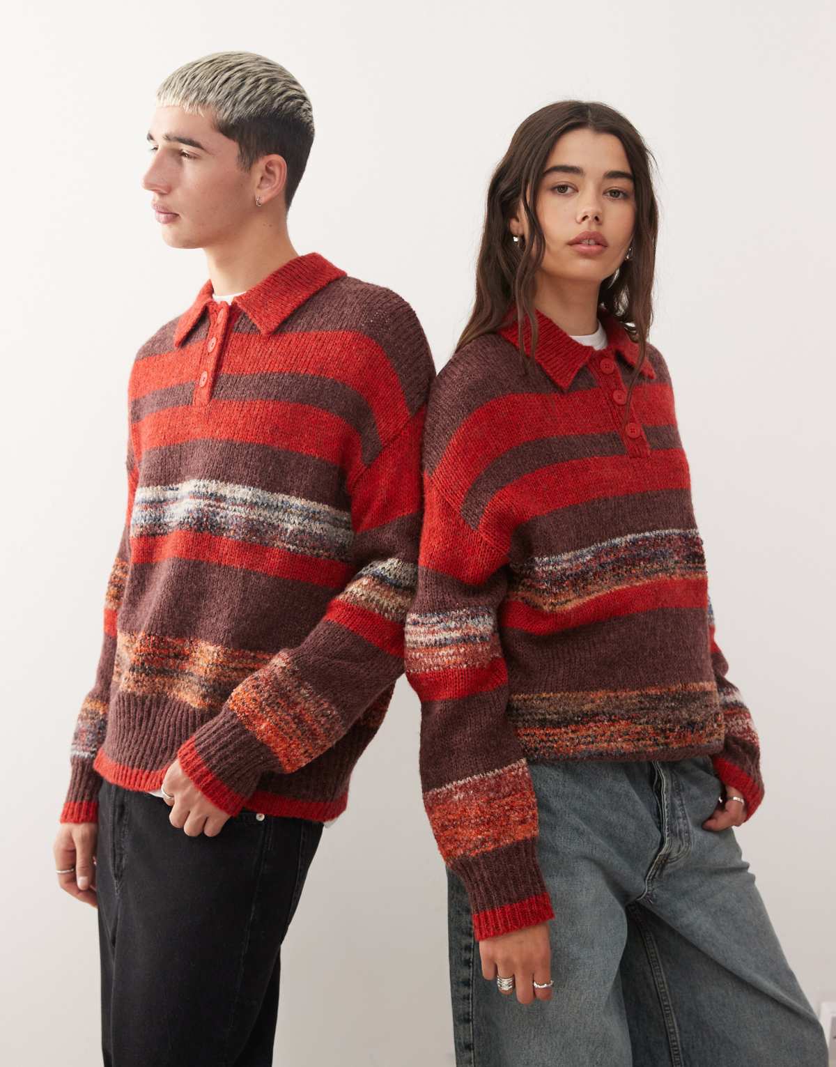 Reclaimed Vintage unisex knitted polo jumper in red and brown stripe