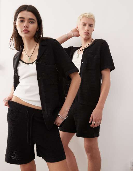 Reclaimed Vintage unisex knitted shirt in black with trim (part of a set)