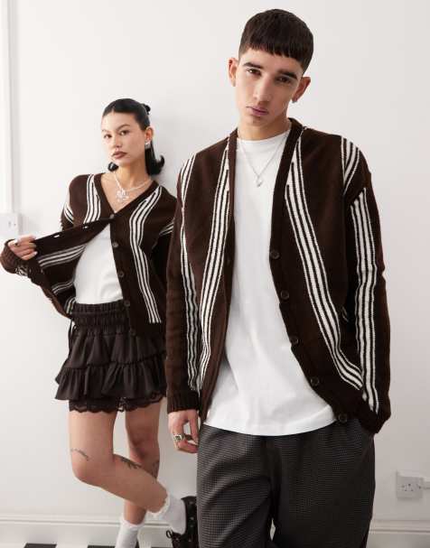 Reclaimed Vintage unisex knitted stripe relaxed fit cardigan in chocolate - view 1