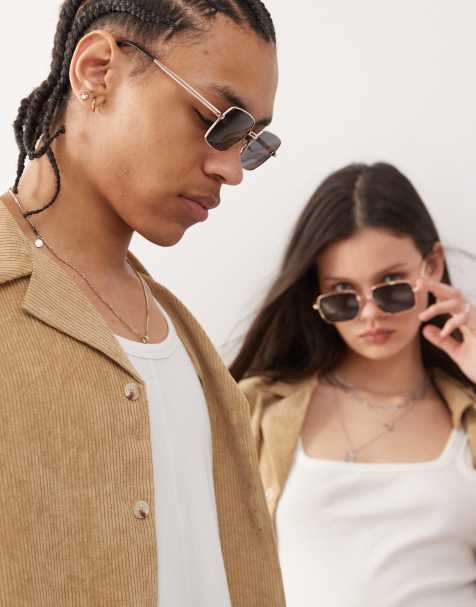 Reclaimed Vintage Unisex – Kwadratowe okulary przeciwsłoneczne w stylu lat 90. z drucianymi złotymi oprawkami - view 1
