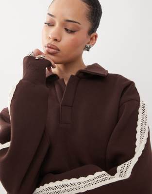 Reclaimed Vintage Unisex Lace Trim Polo Sweatshirt In Brown
