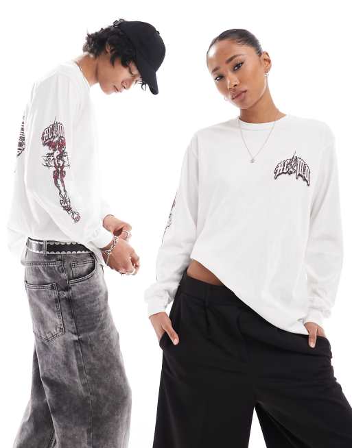 Reclaimed Vintage – Unisex– Langärmliges Oversize-Shirt in Weiß mit Yin-Yang-Grafikprint