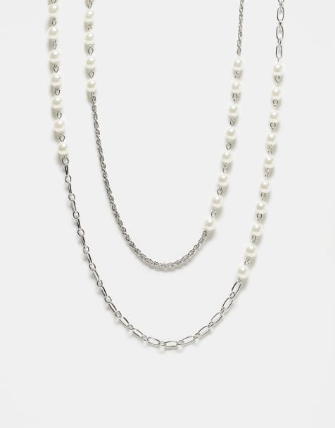 Reclaimed Vintage Unisex layered 2-pack layered row necklaces with pearls in silver - view 1