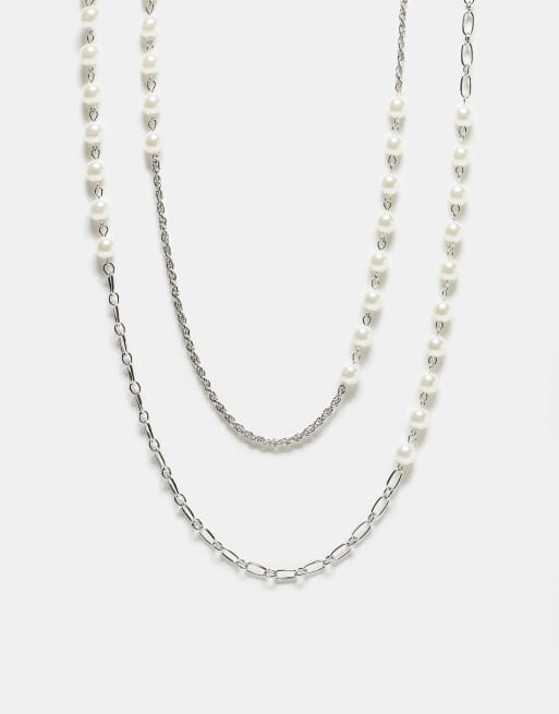 Reclaimed Vintage Unisex layered 2-pack layered row necklaces with pearls in silver