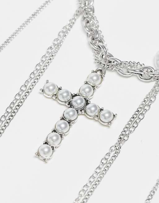 Reclaimed Vintage unisex layered chain necklace with pearl Reclaimed Vintage unisex layered chain necklace with pearl