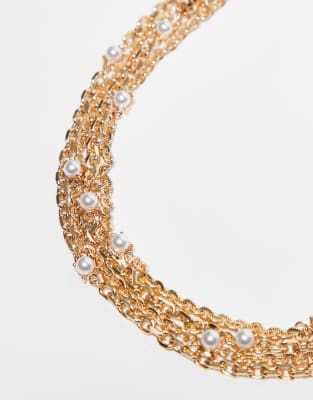 RECLAIMED VINTAGE UNISEX LAYERED CHAIN NECKLACE WITH PEARLS 