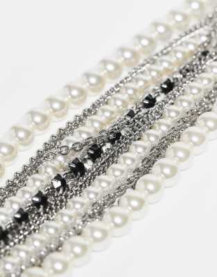 Reclaimed Vintage Unisex Layered Faux Pearl And Silver-tone Bracelet In Silver