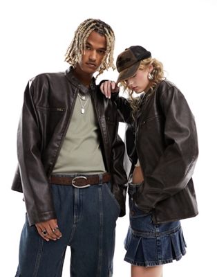 Reclaimed Vintage unisex leather look biker jacket in washed brown