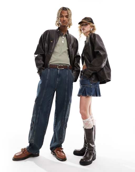 Reclaimed Vintage unisex leather look biker jacket in washed brown