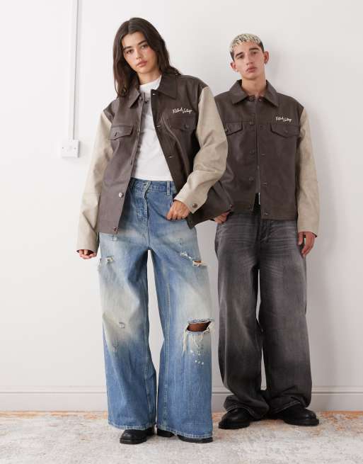 Reclaimed Vintage unisex leather look bomber jacket in brown with star embroidery, 2 of 4