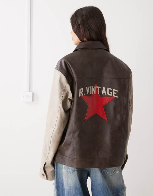 Reclaimed Vintage unisex leather look bomber jacket in brown with star embroidery, 3 of 4