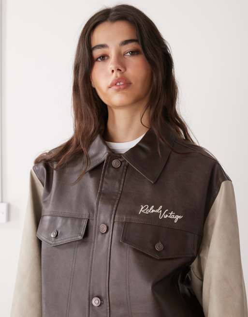 Reclaimed Vintage unisex leather look bomber jacket in brown with star embroidery, 4 of 4