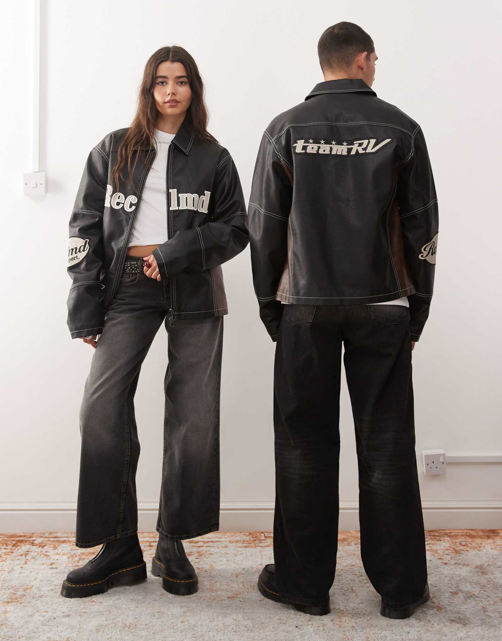 Восстановленная винтажная кожаная мотоциклетная куртка унисекс в черно-коричневом цвете